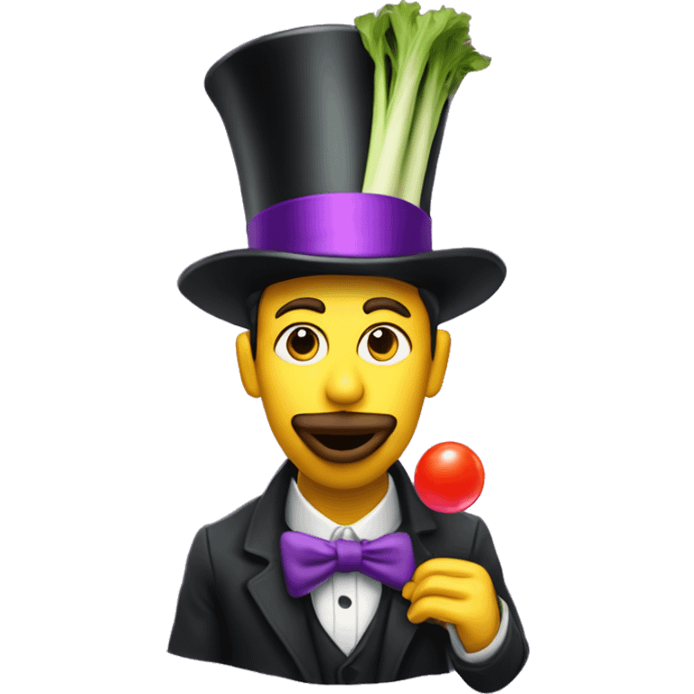 Man chewing bubblegum, holding a Leek wearing a tophat with a purple band emoji