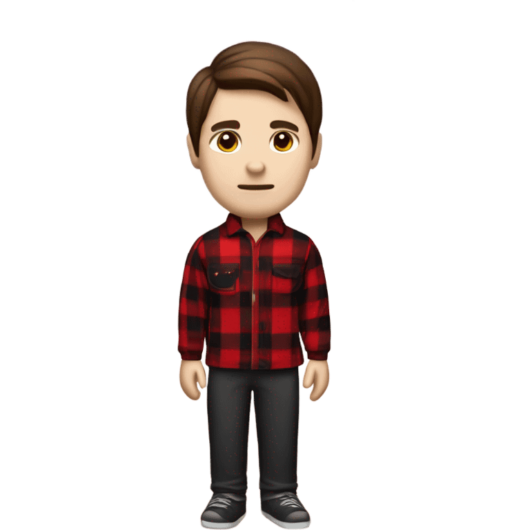 Man with straight brown hair and brown eyes wearing red and black buffalo plaid pjs. White skin. Full body. emoji