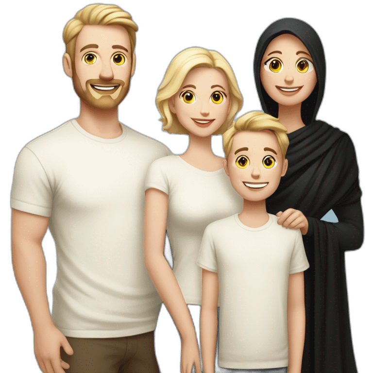 Daddy with white skin wear cream tshirt and his wife with white skin wear long blaus with black shawl also his son wear cream tshirt emoji