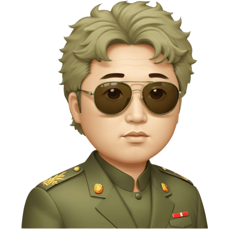 Messy haired Kim Jung Il wearing olive mao suit and large sunglasses emoji