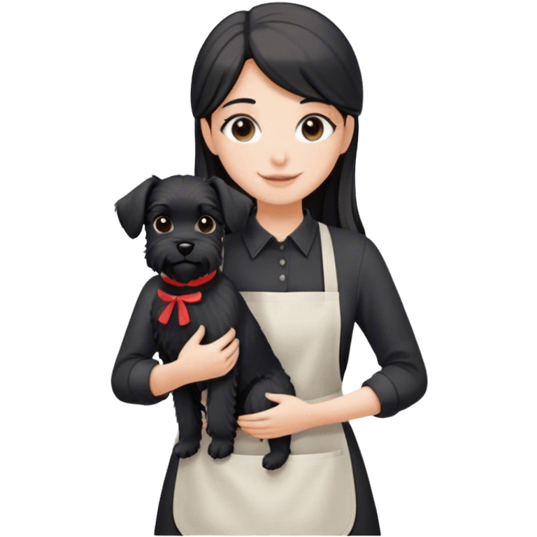 pale smiling girl with long back hair wearing black long shirt wearing apron holding black  schnauzer emoji