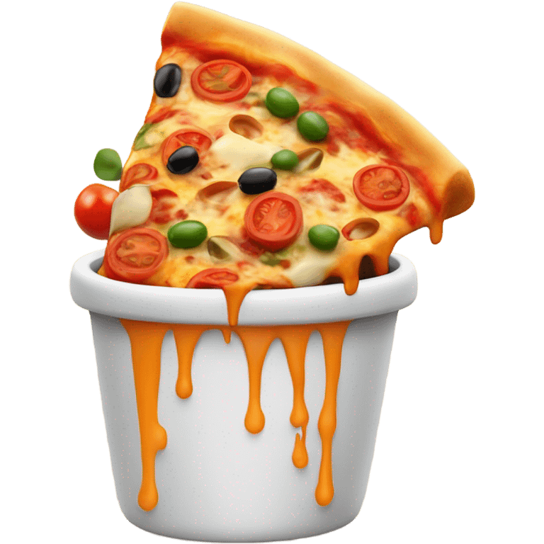 A cartoon-style Kulhad Pizza logo with a clay cup filled with gooey, cheesy pizza toppings like olives, bell peppers, and tomatoes. Cheese is melting over the edges, and light steam rises for a fresh, baked effect. Clean, modern, and playful look. emoji