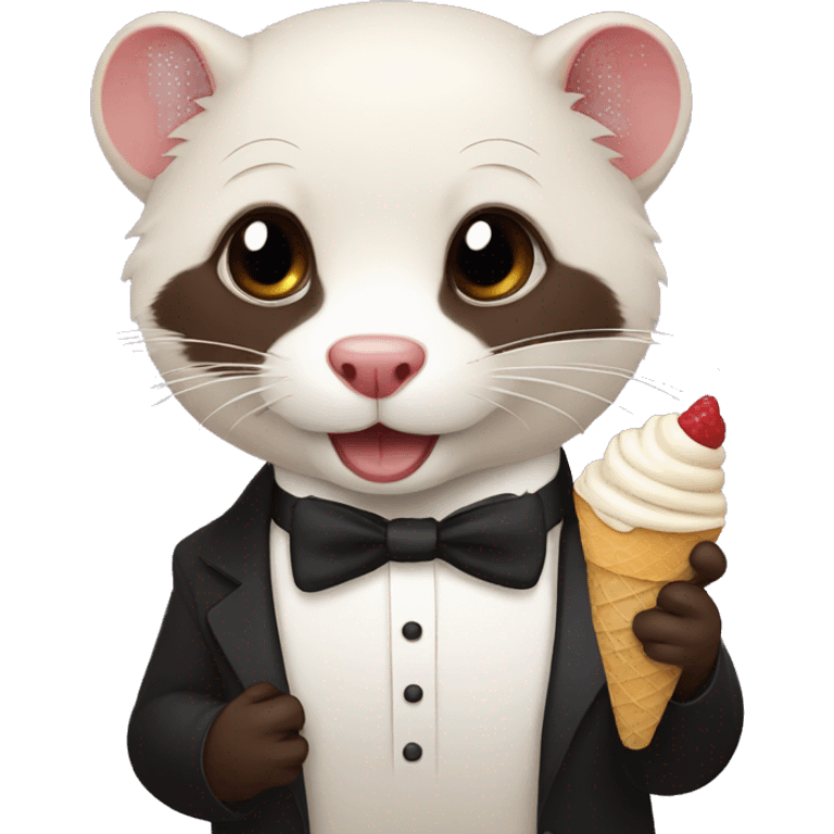 A ferret wearing a tuxedo eating chocolate ice cream emoji