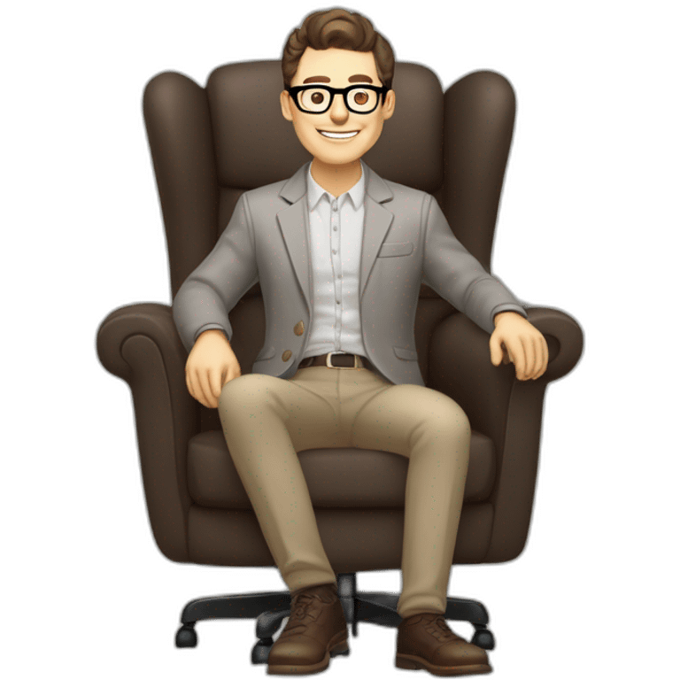 Joyful thrumb up Pale skinned Fit Man With dark brown hair in gray jacket, beige office shirt, Brown pants and vintage glasses sitting In a soft chair emoji