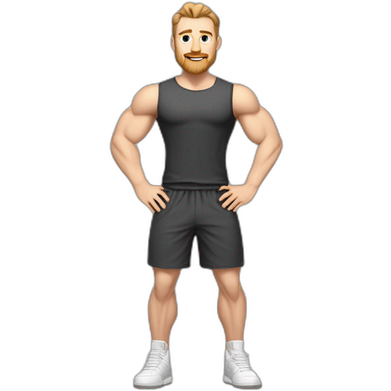 Full height Pale skinned muscular man With Realistic eyes and mouth, light brown hair and stubble In dark gray sleeveless mike, black oversize sports shorts, watch and white sneakers. emoji