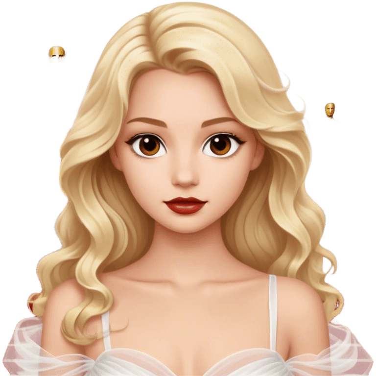 blonde model, brown eyes, long wavy hair, oscars red carpet, white tulle gown emoji