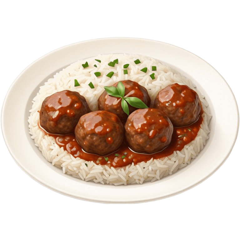 Kofte Cinematic Realistic Kofte Dish Emoji, depicted as spiced meatballs served alongside a portion of fragrant rice, rendered with rich textures and warm, appetizing lighting. emoji