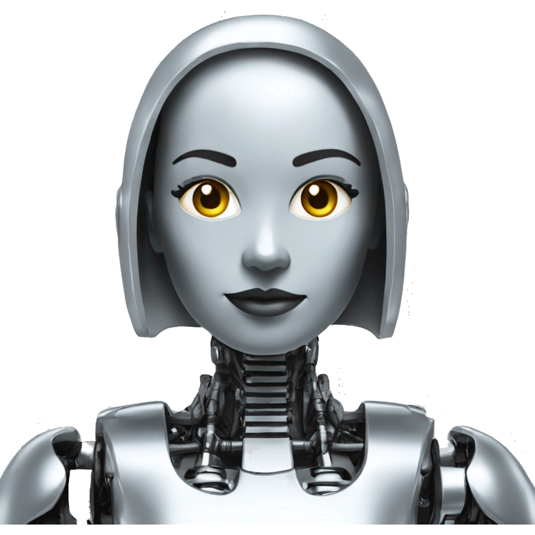 Create a bald female robot in chrome metal color in a futuristic environment emoji