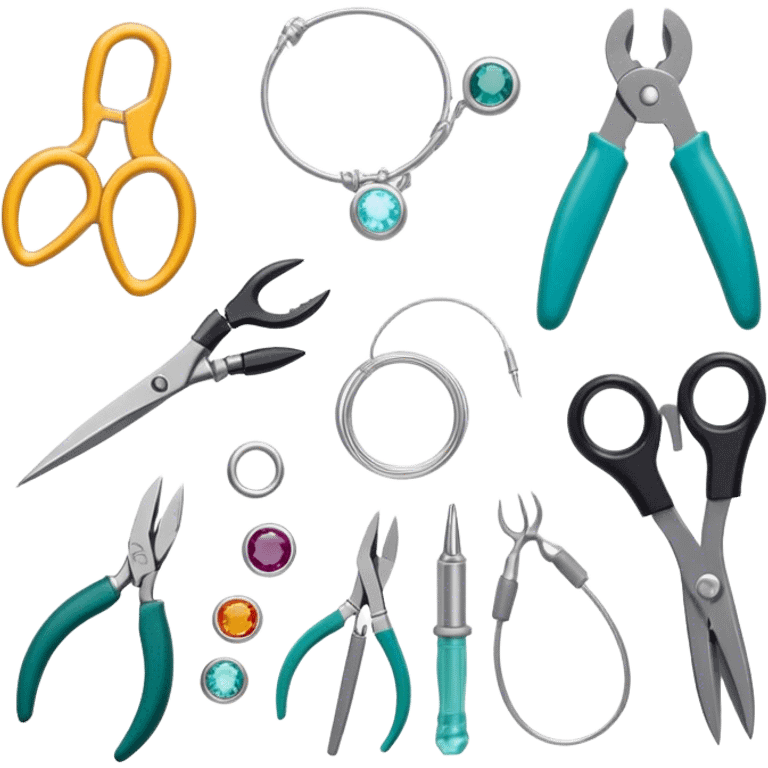 Jewelry art icon, various jewelry pieces like rings, necklaces, and bracelets in progress, visible tools such as pliers, gemstone, wire, and soldering equipment, minimalistic style, clean lines, transparent background. emoji