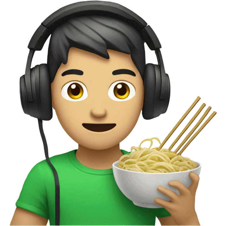 asian guy with green gaming headset eats asian noodels emoji