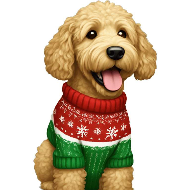 Golden doodle wearing christmas Sweater  emoji