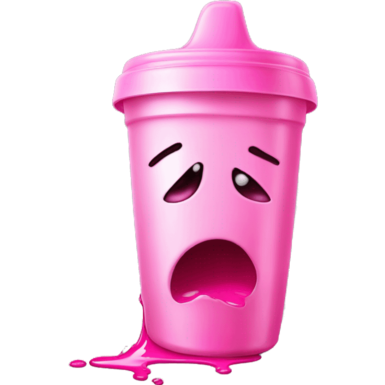 A spilled sippy cup with pink liquid, a twisted reflection of a face, representing confusion and emotional manipulation. emoji