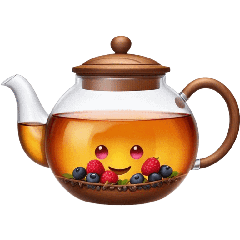 A cinematic realistic emoji with an attractive image of a transparent teapot with a realistic wooden lid filled with tea with berries, rich texture and warm, festive lighting. emoji