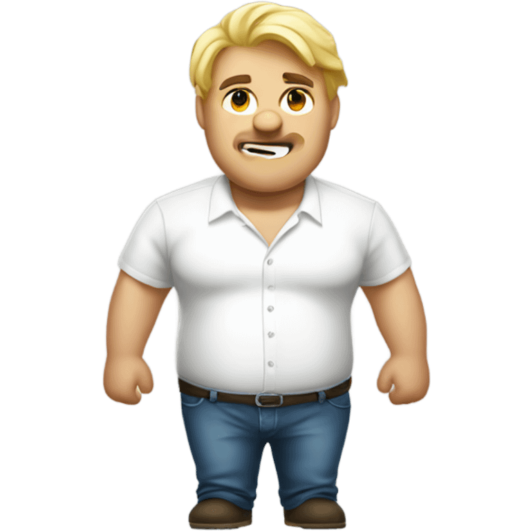 blond big man with white shirt with stains and belly emoji