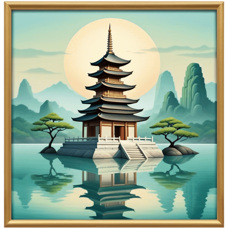 Cinematic Realistic Tran Quoc Pagoda Landmark Emoji, depicted with an ancient pagoda set on tranquil waters rendered with delicate textures and serene, reflective lighting. emoji