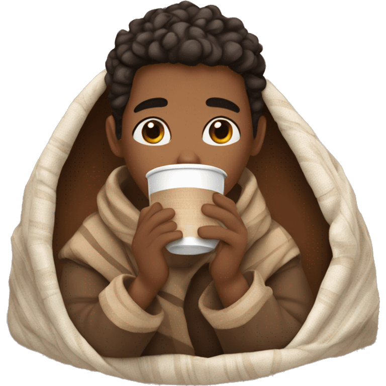 Brown skin tone male wrapped up in a woven blanket sipping hot chocolate  emoji