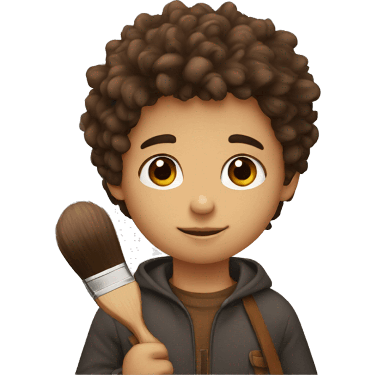 A boy holding a brush. Brown eyes, drk bear and hair emoji