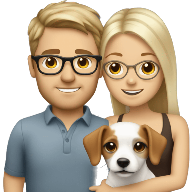 White blonde girl and a white men with brown hair glasses, both cuddling a jack Russell emoji