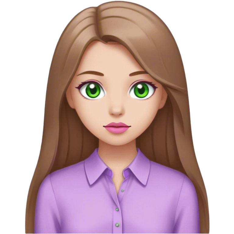 girl with fair skin, long straight light brown hair, green eyes, pink lips, with lilac blouse
 emoji