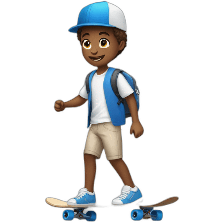 Boy in blue school shorts and white shirt sleeve shirt riding a skateboard emoji