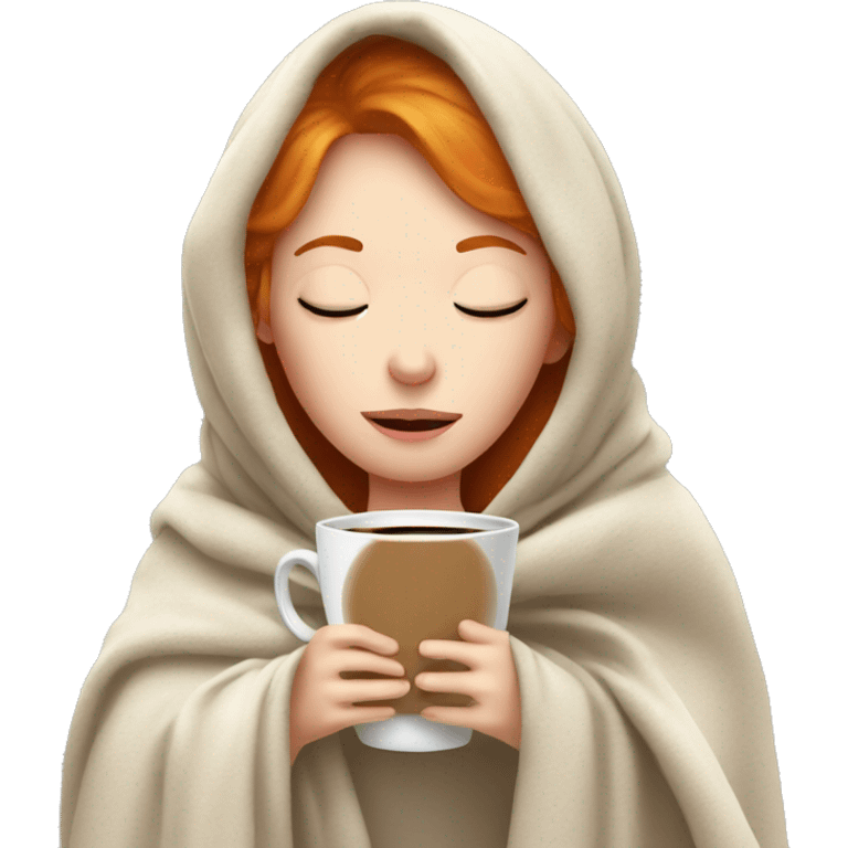 ginger girl with blanket over her head with a coffee and eyes closed emoji