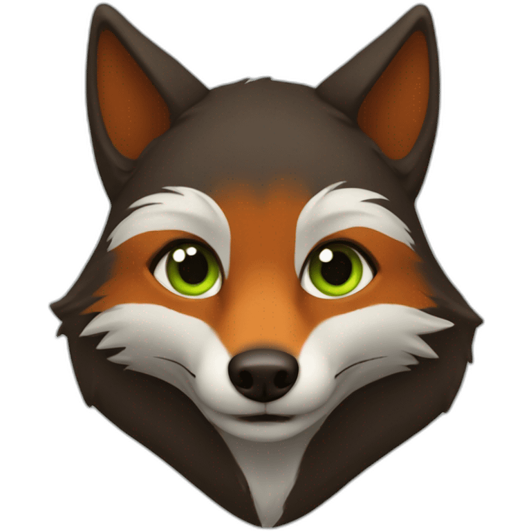 a small dark brown fox with orange eyes with a dark green hood that smile emoji