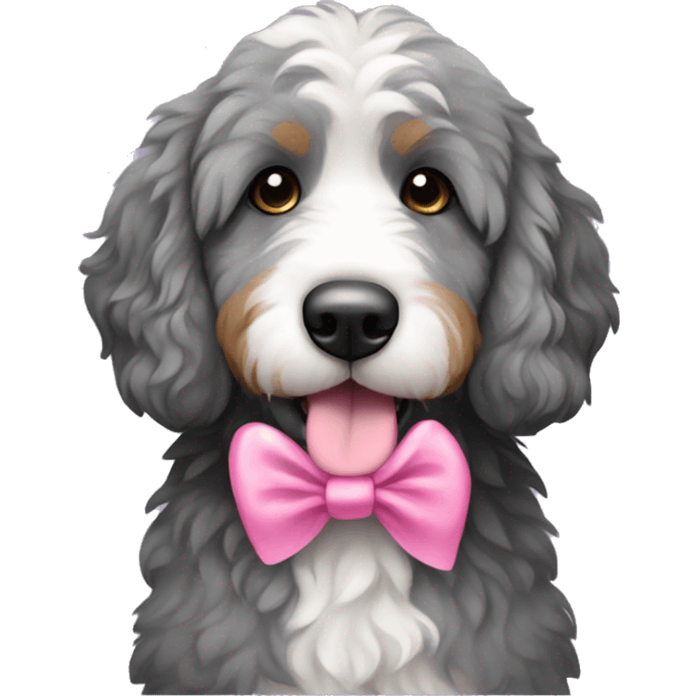 Grey bernedoodle with pink ribbon  emoji