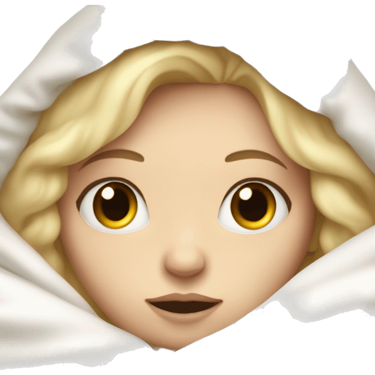 Pale Girl with blonde hair laying down cozy in a white blanket emoji