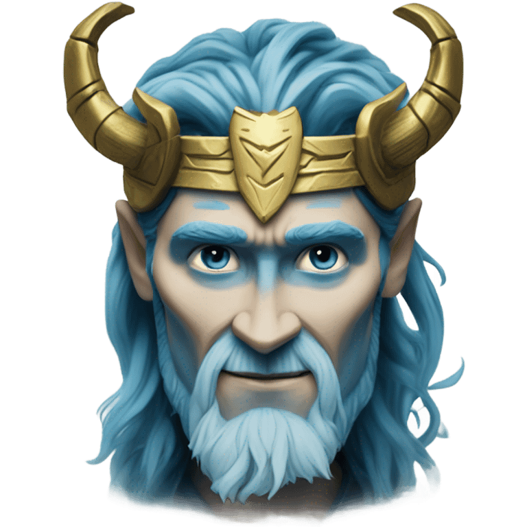 Frost giant Loki with tom Hiddleston face from Thor 1 blue skin with deeper blue runas on it, black hair, Gold crown with horns emoji