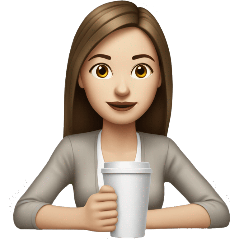 Side view realistic posh brown straight haired pale woman sits at the coffee table emoji