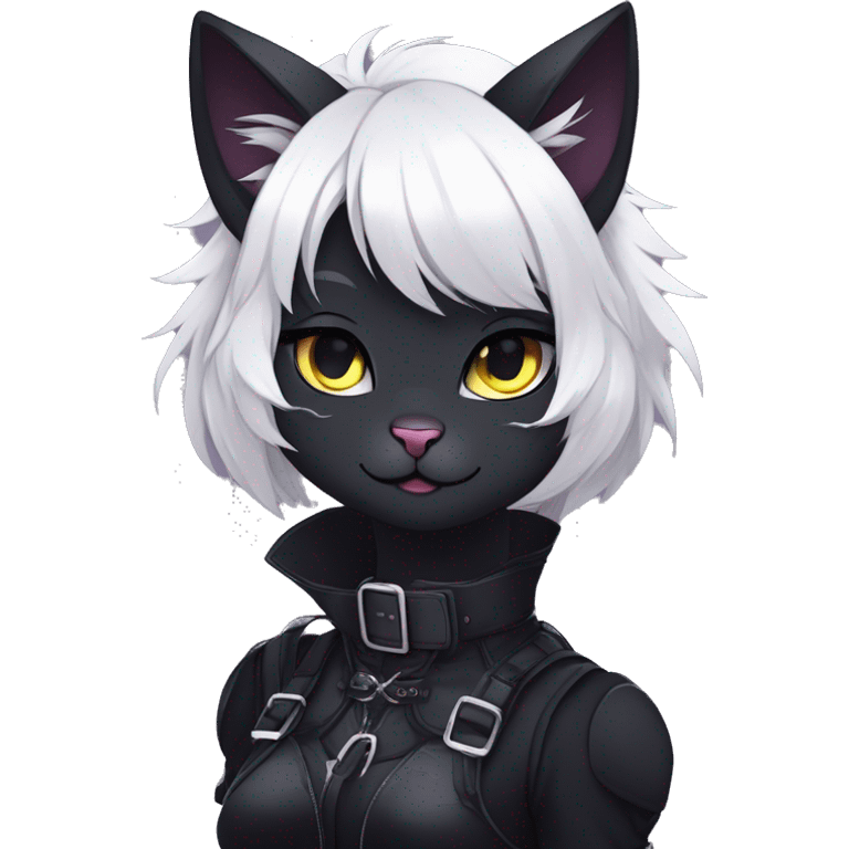 Gorgeous furry gothic dark techwear anime style anthro black cat furry sona Fakemon with blushing face aesthetic and pretty edgy black with collar and harness trending style emoji