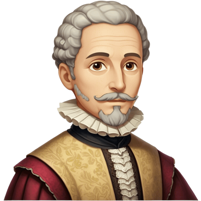 Cinematic Realistic Miguel de Cervantes Portrait Emoji, depicted as a wise thoughtful literary figure in period attire with a reflective gaze, rendered with detailed textures and soft historical lighting that captures his enduring literary legacy. emoji