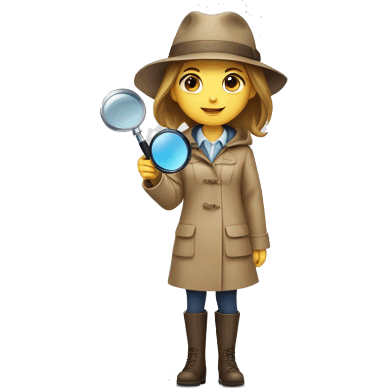 a girl in a detective costume, in a raincoat, with a hat and a magnifying glass in her hands. White skin emoji