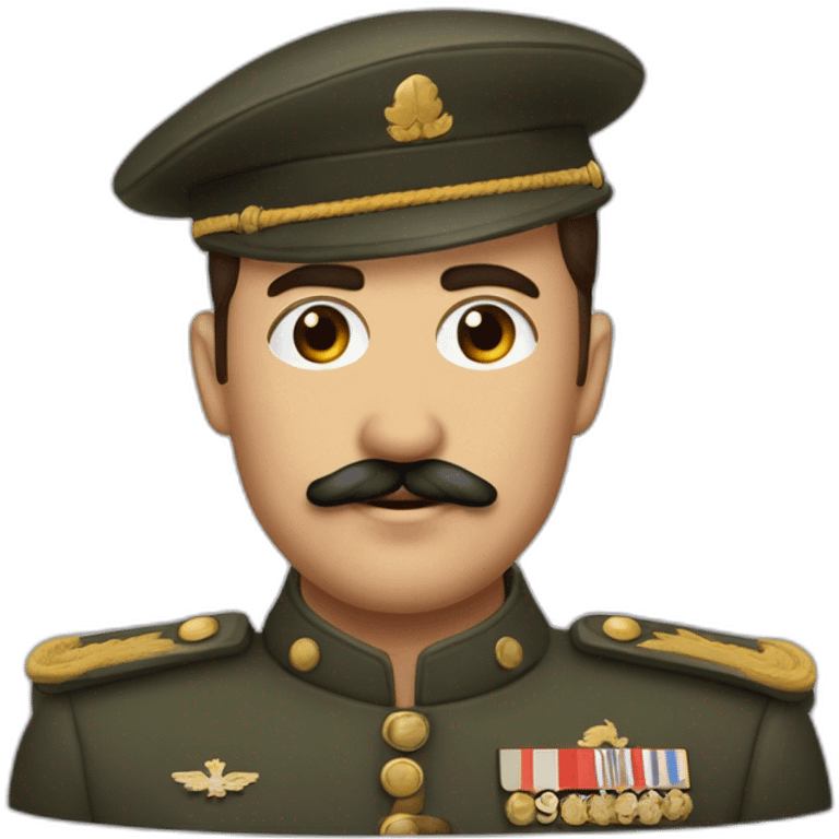 cheveux bruns coiffés en arrière, une petite moustache, des yeux sombres et un visage plutôt anguleux. Il portait souvent l'uniforme militaire caractéristique de la 2nd guerre mondiale emoji