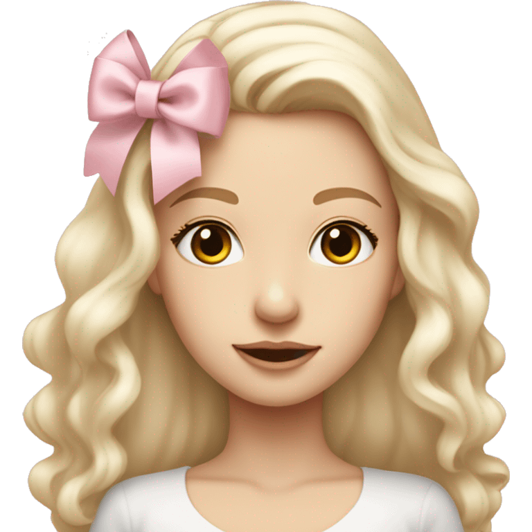 pale blonde girl with long platinum white wavy hair with bright brown eyes and wearing a light pink hair bow and  also wearing a hair bow emoji