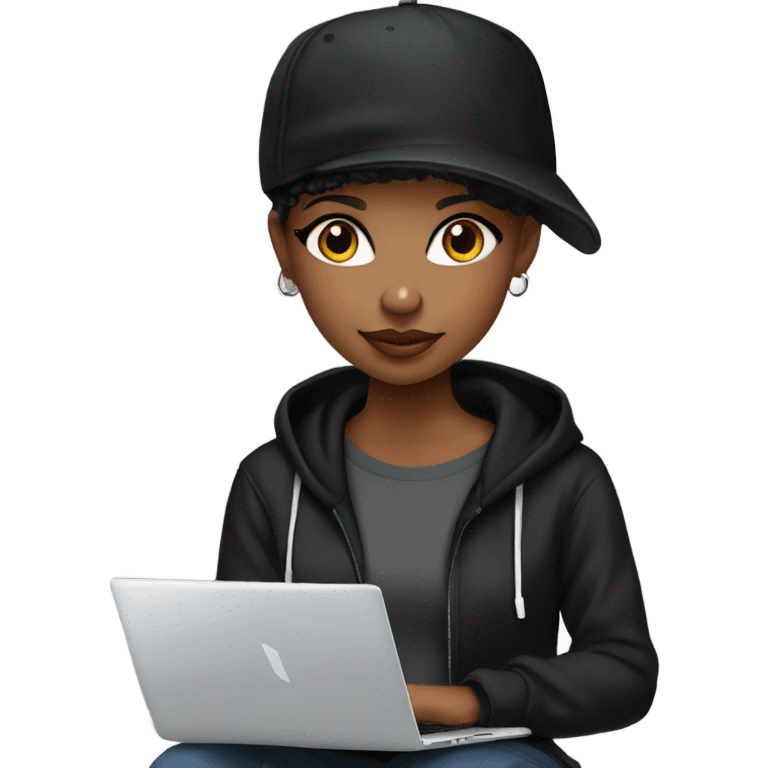 pretty african american girl with black baseball hat and black sweatshirt hoodie pixie cut with laptop emoji