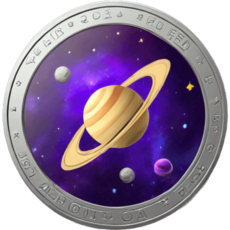 a space-themed coin with a purple saturn on it emoji