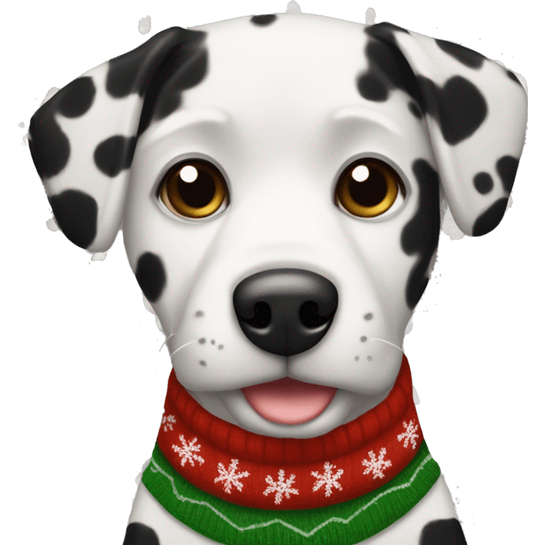 black and white spotted dog in christmas sweater emoji