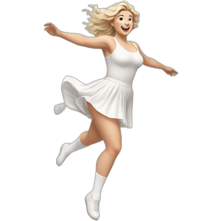 Hyperrealistic Full body Caucasian curvy beauty jumping short white skirt back and front views strong wind knickers long white socks emoji