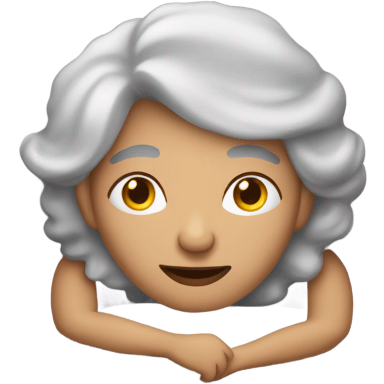 67-year-old lady with gray hair snuggling in the bed ready for sleep emoji