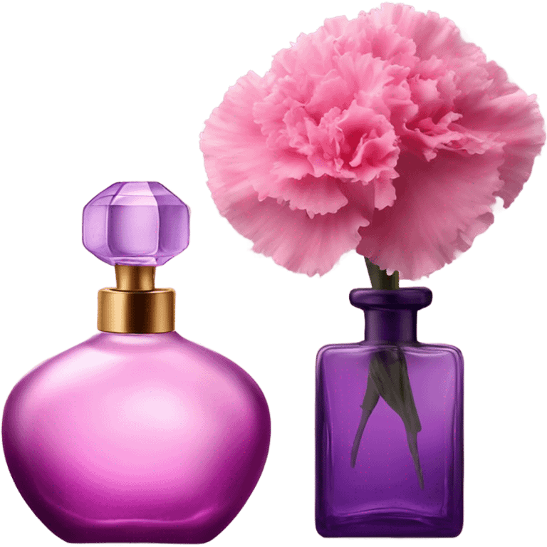 Aesthetic still life of delicate pink carnations beside a vintage purple perfume bottle. emoji