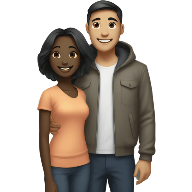 Young Asian man and young, dark skin, black female, who are rich, standing in front of their big house, smiling and happy. emoji