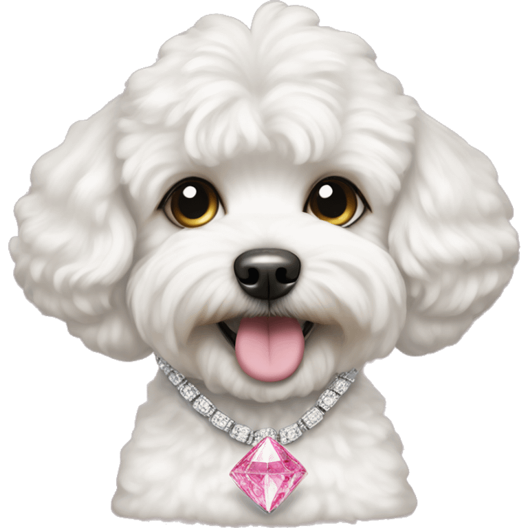 White maltipoo dog wearing a pink diamond necklace emoji