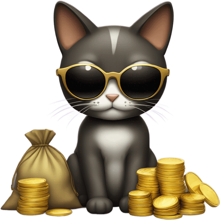 cat in brutal dark glasses with a bag of gold coins emoji