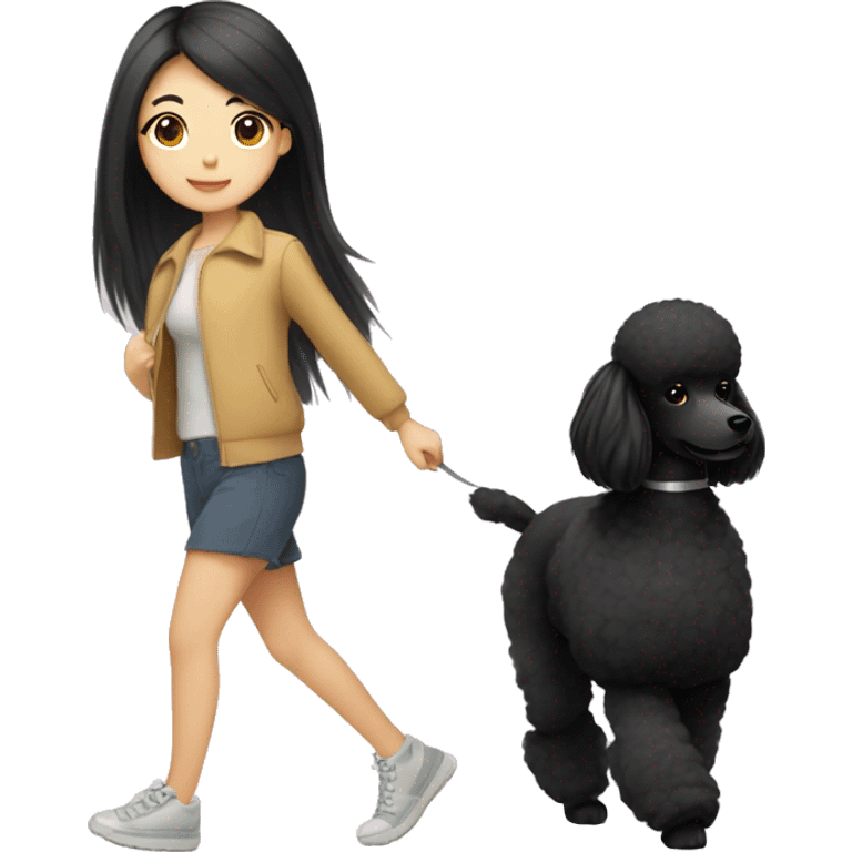 One Korean girl with black long straight hair with one black poodle is walking. emoji