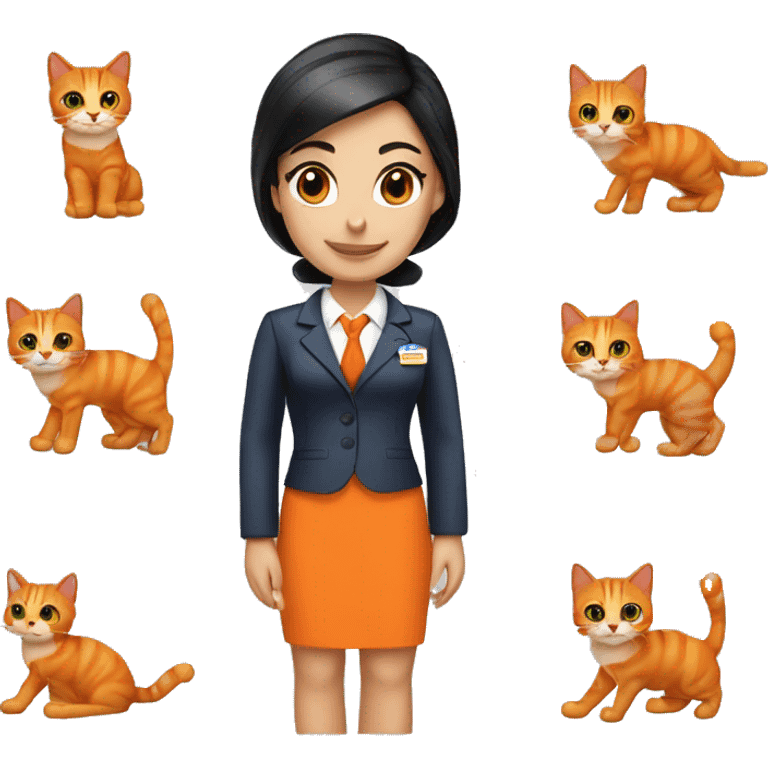 Dark hair brown eyed flight attendant with an all orange cat emoji