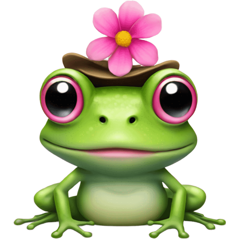 frog with a pink flower on its head like a hat emoji