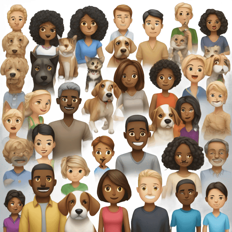 A mixed family Family tree with multi race people cats and dogs emoji