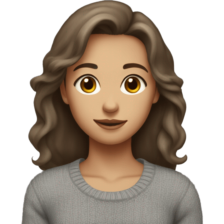 a girl with medium-length brown hair, brown eyes, wearing a gray tight-fitting sweater, with a small smile, emoji