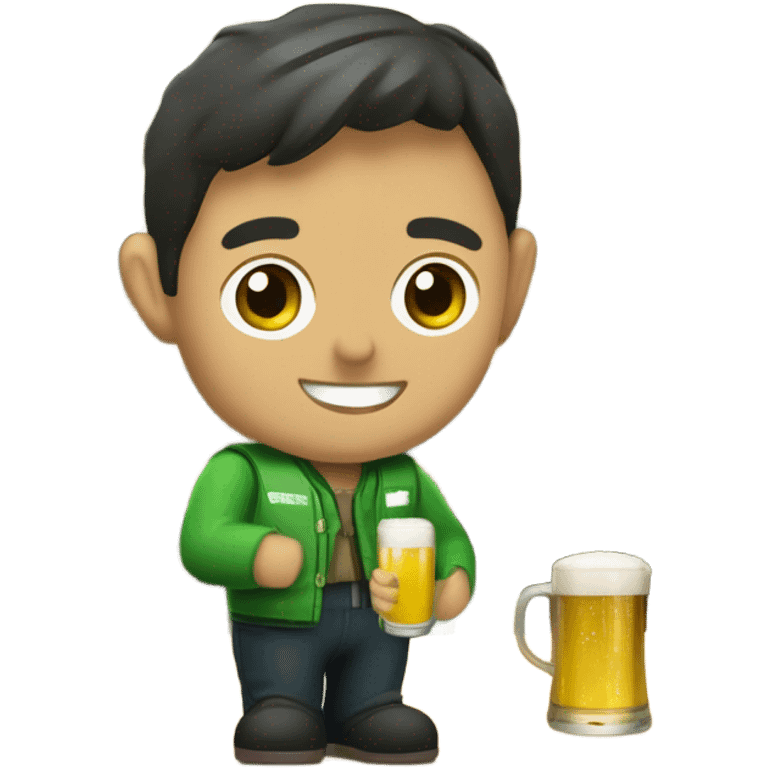 una persona con un chaleco verde y el logo de LA ONCE bebiendo una cerveza emoji